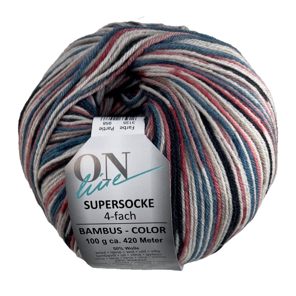 Supersocke 3135 4 Ply Bambus Color Coral  Lt Blue