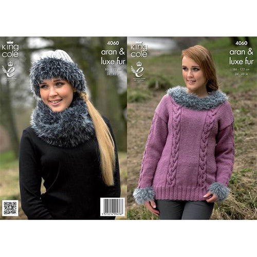 King Cole 4060 Sweater, Cowl, Hat Aran