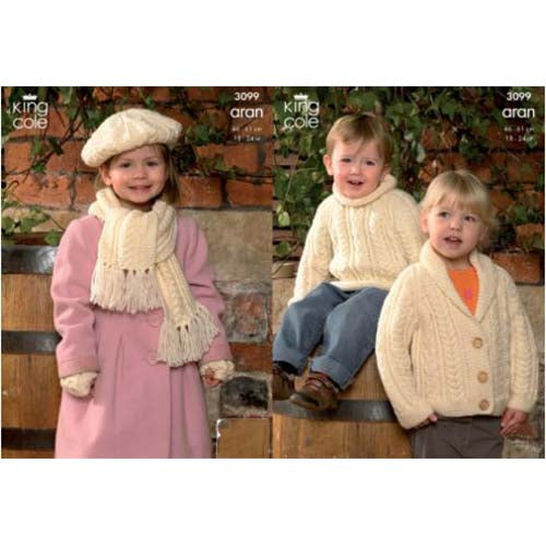 King Cole 3099 Aran Sweater and Jacket, Hat Scarf