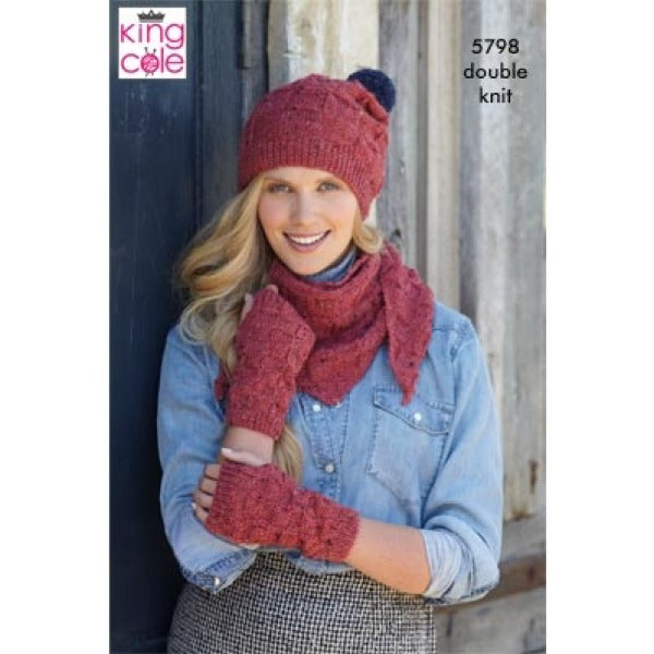 King Cole 5798 Hat Fingerless Gloves Shawl